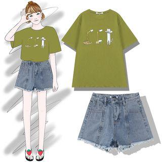 Short-sleeve Cat Print T-shirt / Fray Hem Denim Shorts