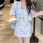 Set: Short-sleeve Jacquard Cropped Jacket + Mini A-line Skirt