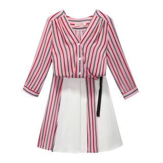 Set: Long-sleeve Striped Shirt + Contrast Skirt