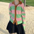 Striped Collared Cardigan / Pleated Mini Skirt
