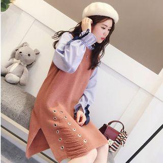 Eyelet Detail Mock Two-piece Long-sleeve Dress