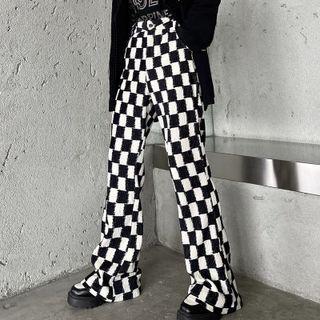 High-waist Checkerboard Boot-cut Pants