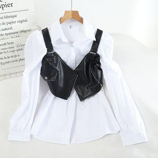 Set: Faux Leather Vest + Plain Long-sleeve Top