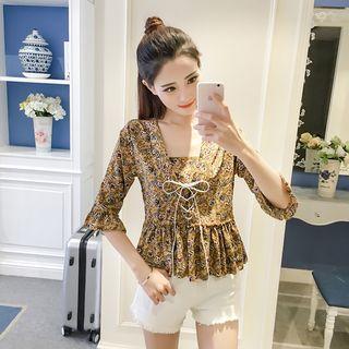 Elbow-sleeve V-neck Floral Blouse