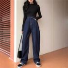 Plain Long-sleeve T-shirt / High-waist Wide-leg Jeans