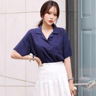 Plain Open-placket Elbow-sleeve Shirt