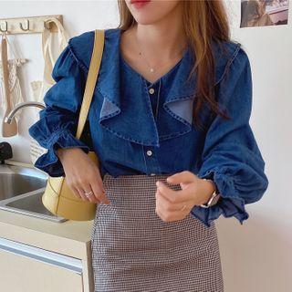 Ruffled Denim Blouse Dark Blue - One Size