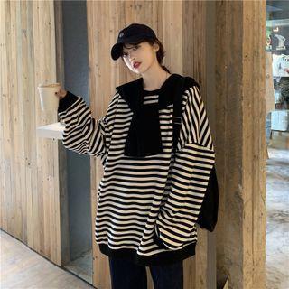 Long-sleeve Striped T-shirt + Shawl
