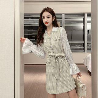 Plaid Fringed Sleeve Mini Shirtdress