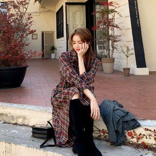 Dip-back Flared Long Plaid Shirtdress