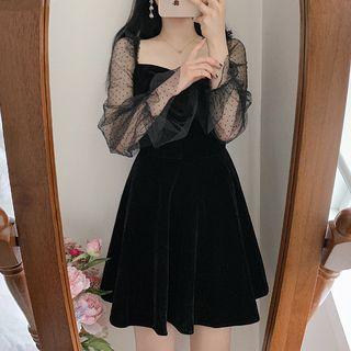 Sheer Panel Long-sleeve A-line Dress Black - One Size