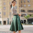 Set: Boatneck Long-sleeve Stripe Wavy Knit Top +suede Midi A-line Skirt