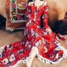 Tasseled Hem Flower Off-shoulder Maxi Dress