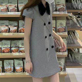 Puff-sleeve Houndstooth Double-breasted Shirtdress