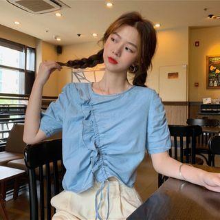 Ruffled Puff-sleeve Denim Blouse