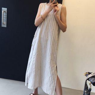 Sleeveless Round Neck Striped Side Button Slited Dress