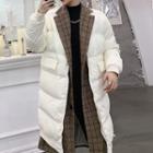 Mock Two-piece Plaid Panel Zip Padded Coat