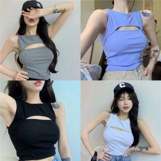 Sleeveless Plain Cutout Cropped Tank Top