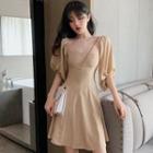 Elbow-sleeve Square-neck Mini A-line Dress