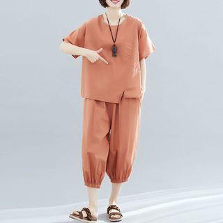 Set : Plain Asymmetrical Short-sleeve T Shirt + Capri Harem Pants