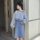 Striped Long-sleeve T-shirt / Spaghetti Strap Midi A-line Dress