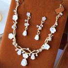 Bridal Set: Flower Rhinestone Necklace + Earrings/ Clip-on Earrings