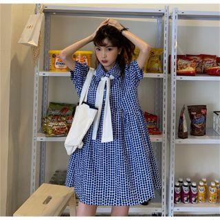Mock Two Piece Plaid Puff-sleeve Dress