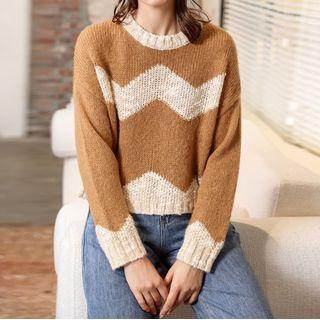 Long-sleeve Color-block Knit Sweater Khaki - One Size