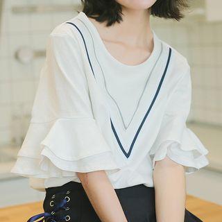 Chevron Stripe Ruffled Elbow-sleeve Top