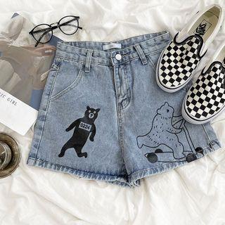 High-waist Bear Printed Denim Shorts