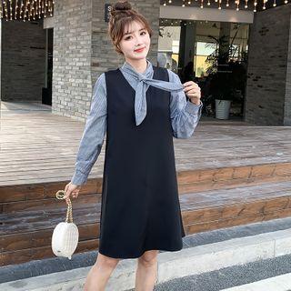 Set: Sleeveless A-line Dress + Tie Neck Shirt