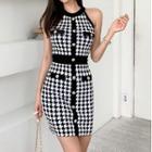 Sleeveless Houndstooth Knit Mini Bodycon Dress As Shown In Figure - One Size