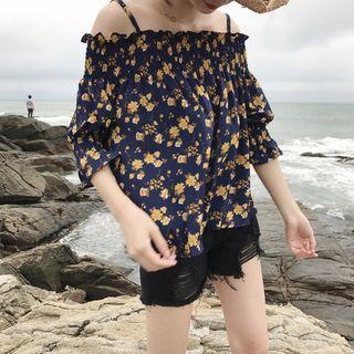 Floral Print 3/4-sleeve Open Shoulder Top