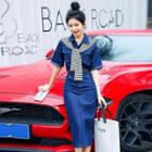 Elbow-sleeve Denim Midi Sheath Shirtdress / Shawl
