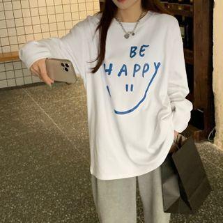 Long-sleeve Lettering Print T-shirt Lettering Print - White - One Size
