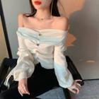 V-neck Lantern-sleeve Buttoned Sweater