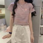 Short-sleeve Striped Embroidered T-shirt Pink - One Size