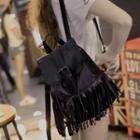 Faux-leather Belted Fringed Backpack