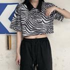 Elbow-sleeve Zebra Print Cropped Polo Shirt