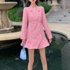 Ruffle Hem Long-sleeve Mini Collared Dress Pink - One Size