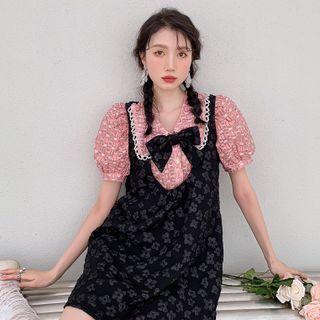 Sleeveless Floral Mini Dress / Short-sleeve Blouse