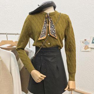 Long-sleeve Floral Tie-neck Knit Top