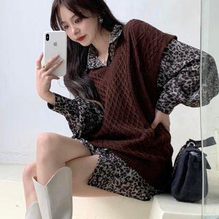 Lantern-sleeve Leopard Print Shirt / V-neck Sweater Vest