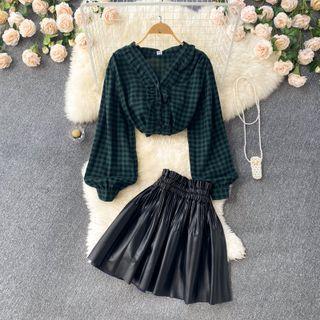 Set: Gingham Blouse + Faux Leather Mini A-line Skirt