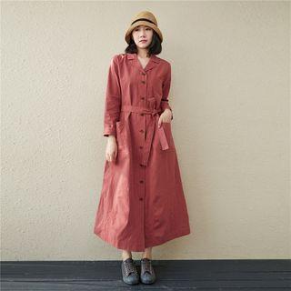 Long-sleeve Open-collar Linen Blend Midi A-line Shirtdress