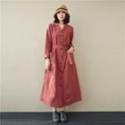 Long-sleeve Open-collar Linen Blend Midi A-line Shirtdress