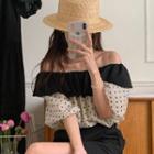 Short-sleeve Off-shoulder Dotted Blouse Black & White - One Size