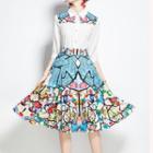 Set: Elbow-sleeve Blouse + Printed Midi A-line Skirt