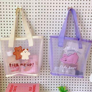 Bear Embroidered Mesh Tote Bag