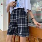 High-waist Loose Fit Plaid Shorts Navy Blue - One Size